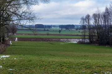There is a bit of snow on the green meadows and plowed fields. In the middle of the fields are...