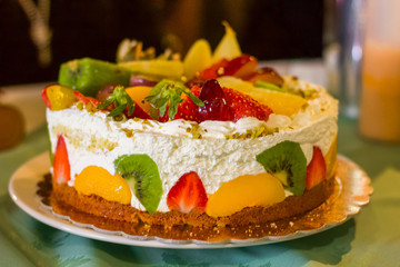 Layered Fruit Cake with Fresh Cream & Exotic Fruits for Celebrations