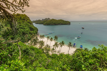 Natural Sea Lagoon and Paradise beach and Islands of Angthong National Marine Park in Thailand, aerial drone view tropical landscape