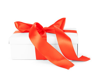Gift box with red ribbon isolated on white background