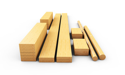 Sliced Lumber from the log. 3d illustration Stack of wooden bars