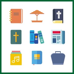 9 cover icon. Vector illustration cover set. bible and case icons for cover works