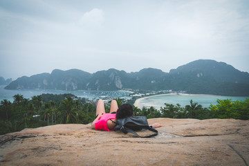 Woman on Beautiful Tropical Beach PP Island, Krabi, Phuket, Thailand blue ocean background girl items vacation accessories for holiday or long weekend a guide  choice idea for planning travel