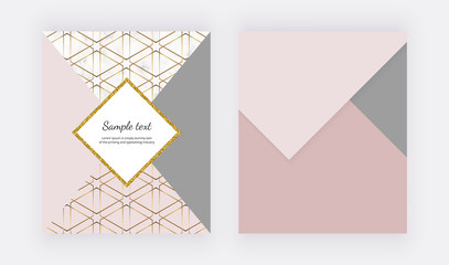 Fashion geometric backgrounds with pink and gray triangulars, golden line and marble texture. Modern design for celebration, flyer, social media, banner, poster, invitation, birthday, wedding.