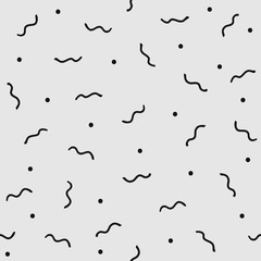 Repeating round dots and curved short lines drawn by hand. Simple seamless pattern.