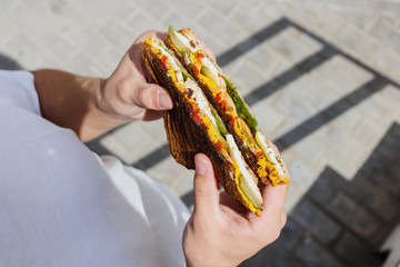 Sandwich with smoked chicken, cheddar cheese, pickled onions, pickled cucumber and sauce in male hands.