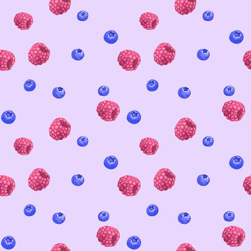 Raspberry and blueberry. Seamless pattern on violet background. Hand drawn watercolor illustration.