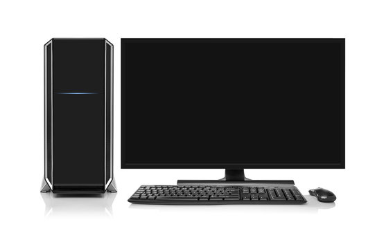 Modern desktop computer with wireless keyboard and mouse is0lated on white.