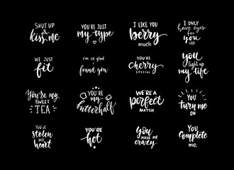 Set of hand drawn calligraphy love inscriptions. Funny lettering quotes. Valentines day vector design elements for cards or banners.