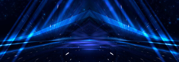 Background of empty street at night, neon light, asphalt, concrete, smoke, smog