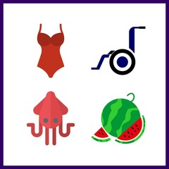 4 tropical icon. Vector illustration tropical set. watermelon and squid icons for tropical works
