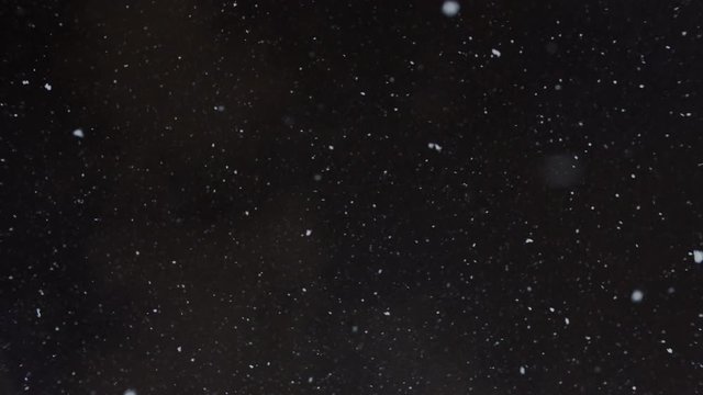 Slow motion of fluffy winter snowflakes fall down on camera, swirl in wind and cold air in night time. Festive mood and pattern, textures of snow for christmas holidays feeling