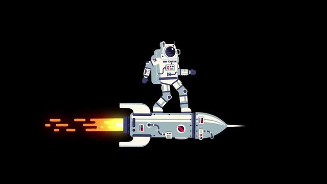 Astronaut in spacesuit flies standing on rocket like surfer. Looped Anamation motion design with alpha channel.