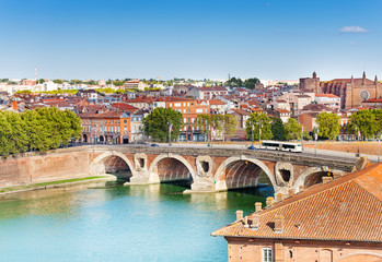Toulouse and Pont Neuf bridge across Garonne river - obrazy, fototapety, plakaty