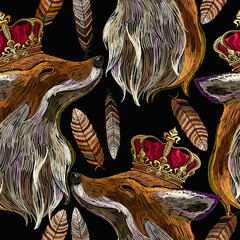 Embroidery fox in crown and feathers seamless pattern. Ethnic tribal art. Fashion template for clothes, textiles and t-shirt design