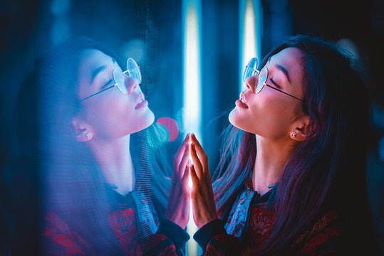 Pretty Asian Woman Portrait With Led Lights