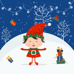 Naklejka premium Merry Christmas and Happy New Year winter holidays greeting card with cartoon elements. Vector illustration