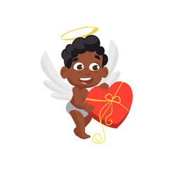 Afro angel carrying heart box illustration. Kid, love, romantic, angel. Saint Valentines Day concept. Vector illustration can be used for topics like romantic, love, celebration, greeting card