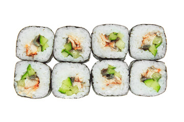 Sushi rolls with eel and cucumber. Isolated on white background.