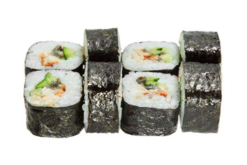 Sushi rolls with eel and cucumber. Isolated on white background.