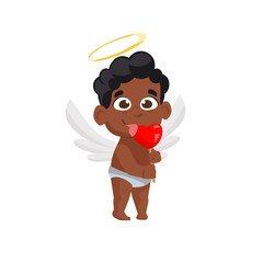 Afro cupid eating heart lollipop illustration. Sweet, candy, angel. Saint Valentines Day concept. Vector illustration can be used for topics like romantic, love, celebration, greeting card 