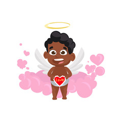 Afro cupid holding heart with inscription. Kid, love, romantic, angel. Saint Valentines Day concept. Vector illustration can be used for topics like romantic, love, celebration, greeting card