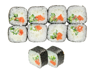 Tasty sushi rolls with salmon and cucumber. Isolated on white background.