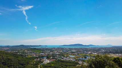 High angle view of Phuket city and andaman seascape background.