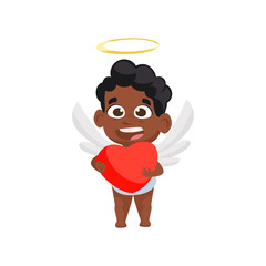 Afro cupid holding red heart illustration. Kid, love, romantic, angel. Saint Valentines Day concept. Vector illustration can be used for topics like romantic, love, celebration, greeting card