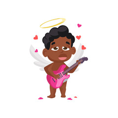 Afro cupid playing guitar illustration. Singing, angel, music. Saint Valentines Day concept. Vector illustration can be used for topics like romantic, love, celebration, greeting card