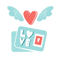 Valentine's day clip art. Heart with wings and flowers, love postcard with stamp and lettering. Vector illustration
