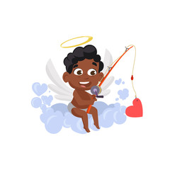 Afro cupid with fishing tackle illustration. Kid, love, romantic, love fishing. Saint Valentines Day concept. Vector illustration can be used for topics like romantic, love, celebration, greeting card