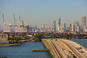 Aerial telephoto image Miami Downtown and Port