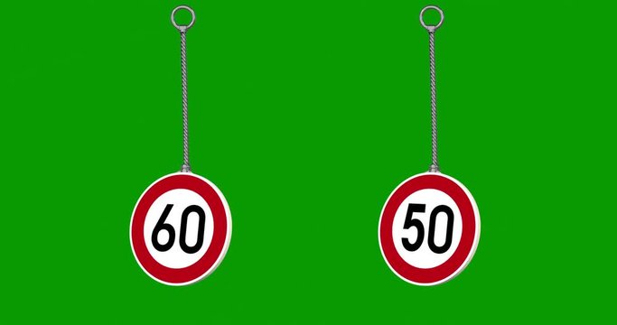 Speed limit signs. 3d animation road speed signs,symbol.Speed limits 60,speed limits of 50 traffic signs. Green screen