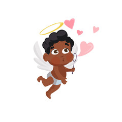 Afro cupid with pink soap bubbles illustration. Kid, love, romantic, angel. Saint Valentines Day concept. Vector illustration can be used for topics like romantic, love, celebration, greeting card