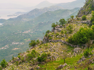 View of the seascape Montenegro in Balkans. Mountains and islands.