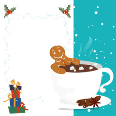 Merry Christmas and Happy New Year winter holidays greeting card with cartoon elements. Vector illustration