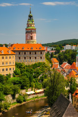 Scenic view of Vltava river and castle tower in Cesky Krumlov, Czech Republic