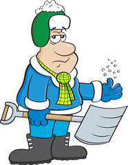 Cartoon illustration of a depressed man holding a snow shovel.