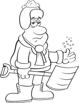 Black and white illustration of a depressed man holding a snow shovel.