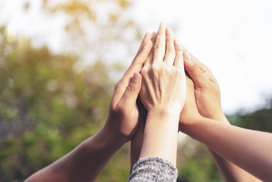 People hands assemble as a connection meeting teamwork concept. Group of people assembly hands as a business or work achievement, hit target or goal.Collaboration Business Team success concept