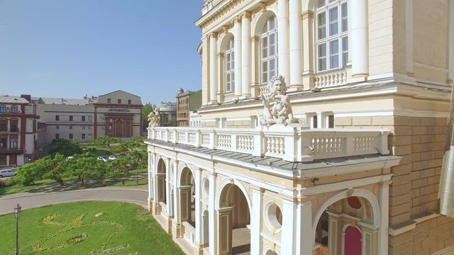 Camera moving up at Odessa Opera and Ballet Theater revealing city center