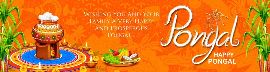 Happy Pongal Holiday Harvest Festival of Tamil Nadu South India greeting background