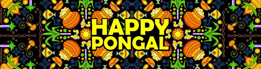 Happy Pongal Holiday Harvest Festival of Tamil Nadu South India greeting background