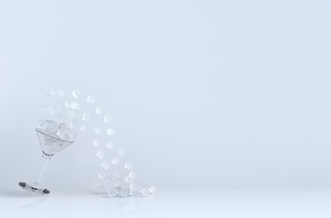 Close up of ice cube in wine glass sloping on background for food and drink design, water splash, Nightlife scene, Sparkling bottles with copy space for text .3D render.