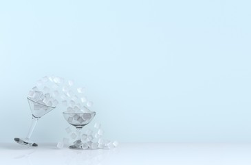 Close up of ice cube in wine glass sloping on background for food and drink design, water splash, Nightlife scene, Sparkling bottles with copy space for text .3D render.