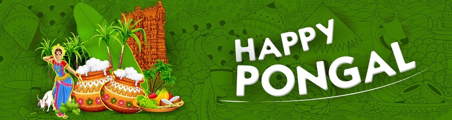 Fototapeta premium Happy Pongal Holiday Harvest Festival of Tamil Nadu South India greeting background
