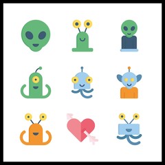 9 character icon. Vector illustration character set. cupid and alien icons for character works