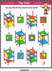 IQ and spatial skills training educational math puzzle: Find the top view for every object - colorful abstract book stand. Answer included.
