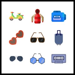 9 hipster icon. Vector illustration hipster set. sunglasses and suitcase icons for hipster works